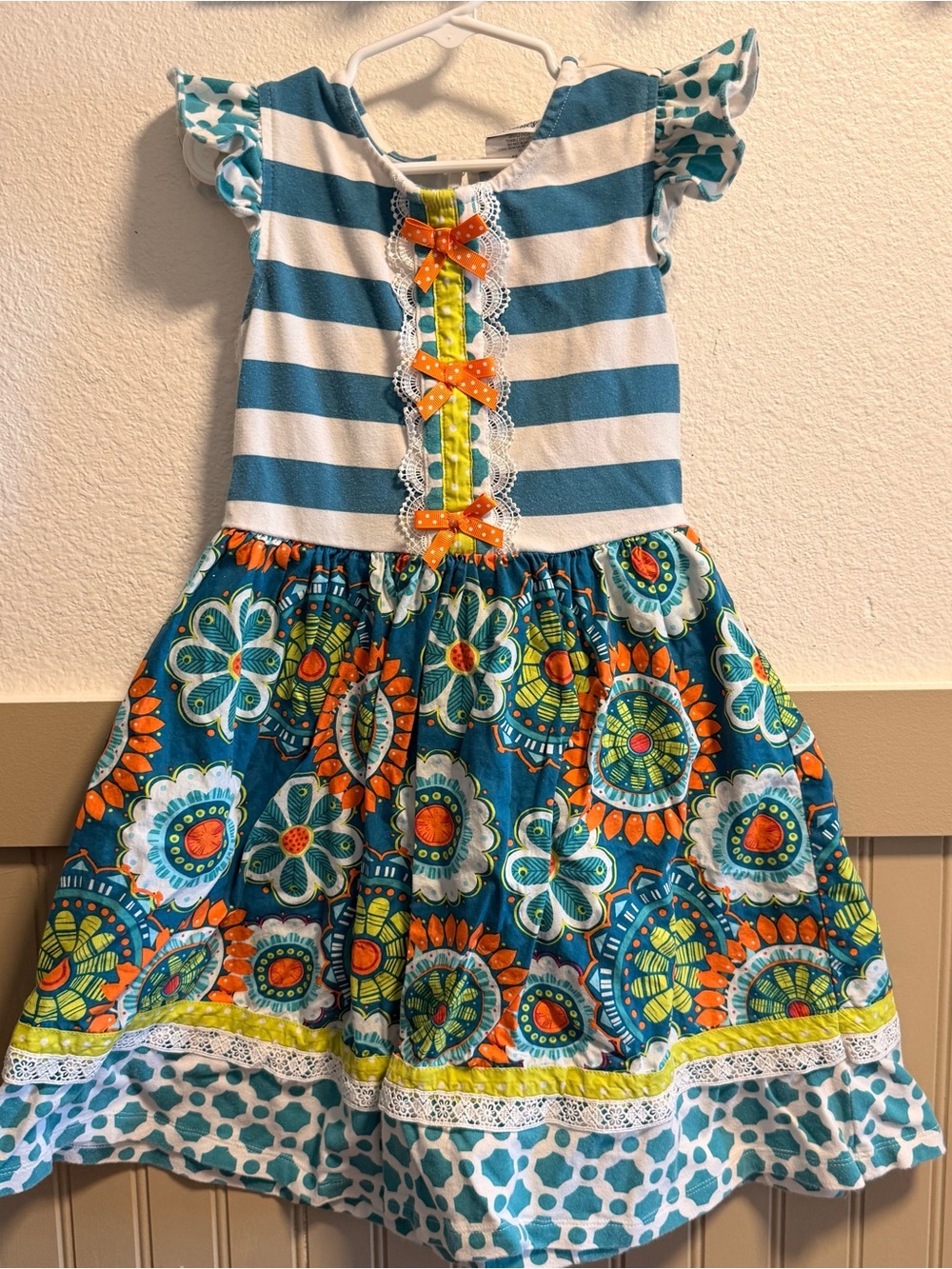 Counting Daisies Girls Teal & Orange Floral Stripe Dress